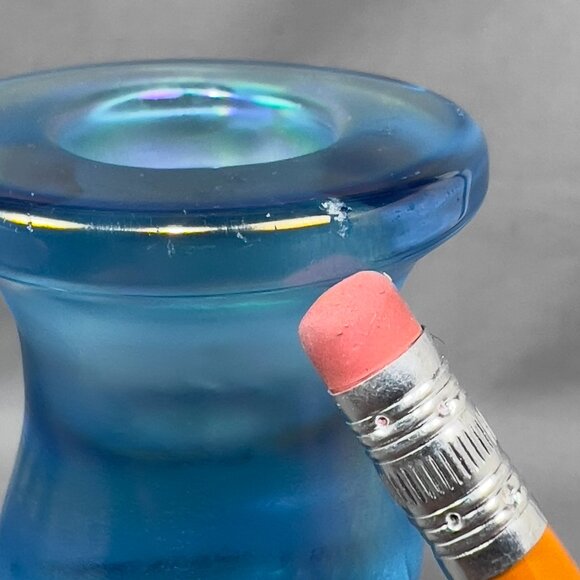 Vtg Central Glass Works Iridescent Blue Stretch Trumpet Candlestick Holders Glow - Picture 7 of 16